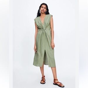 Zara Linen Blend Front Knot Slit Midi Lightweight Coastal Green Dress Size Small